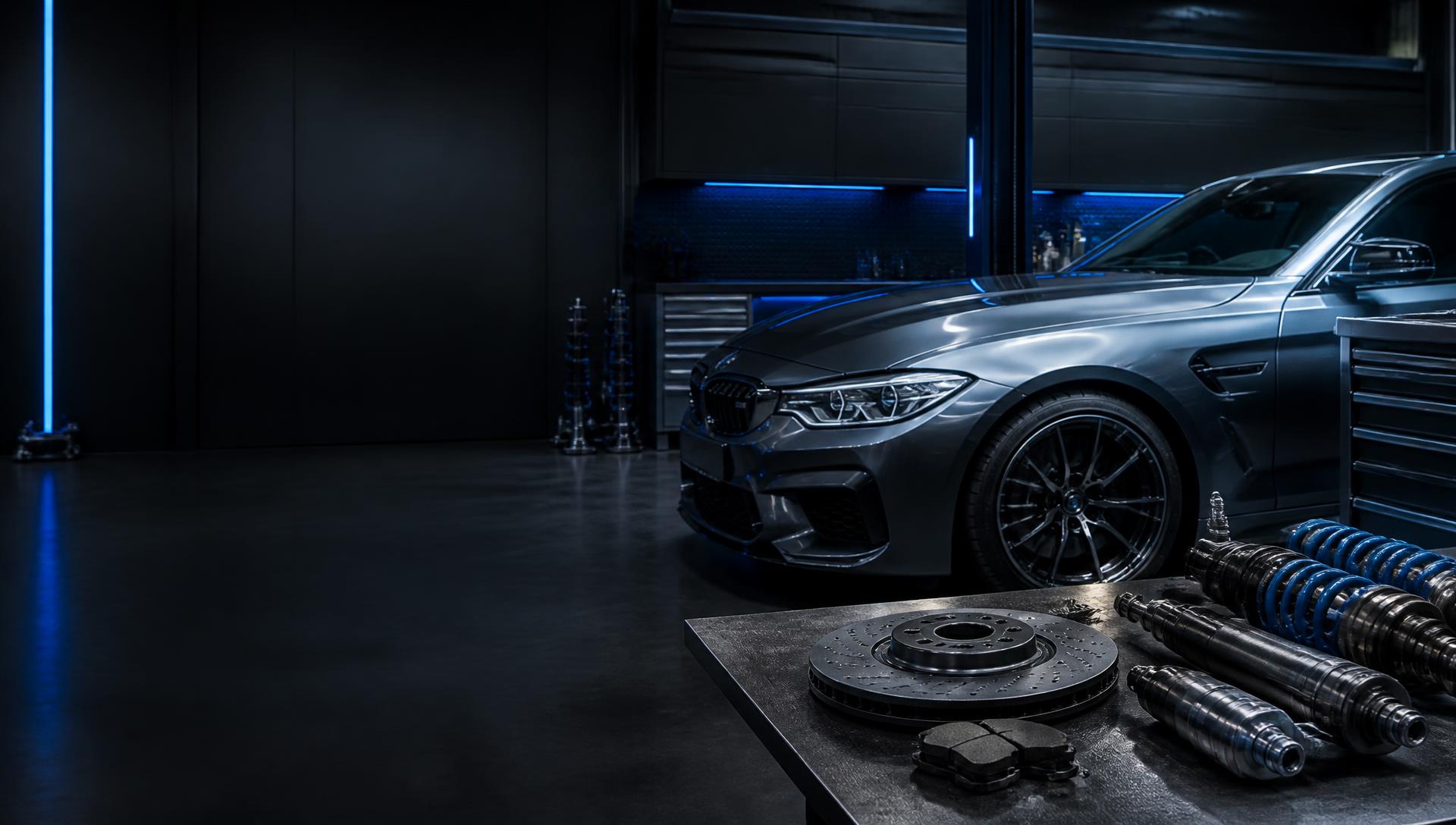Performance car and precision parts in a modern workshop